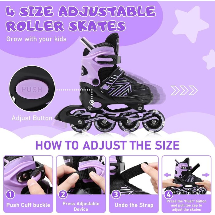 Verstellbare Inline-Skates mit Leuchträder - Schwarz-Violett - bis zu 28% Rabatt