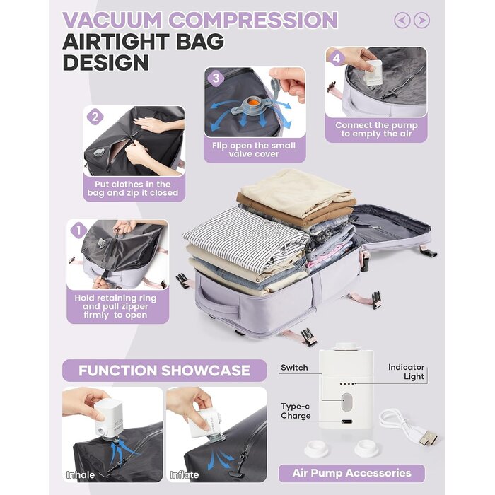 Reiserucksack 40x30x20 cm - Inkl. Vakuumpumpe & Laptopfach - Lila - bis zu 33%