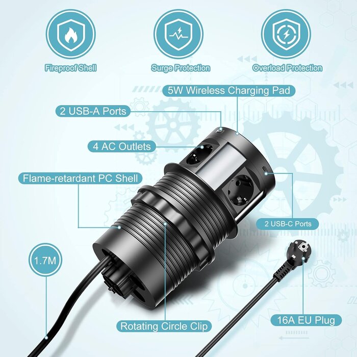Versenkbare Steckdosenleiste - Schwarz, 4x AC, 4x USB, QI-Laden - bis zu 34% Rabatt