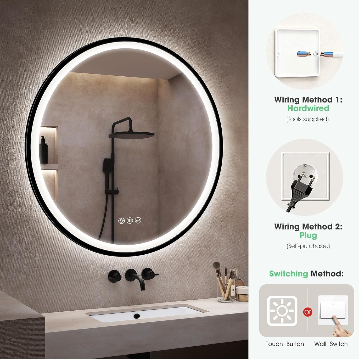 Runder LED-Badezimmerspiegel 80 cm - Bluetooth & Antibeschlag bis zu 35% Rabatt