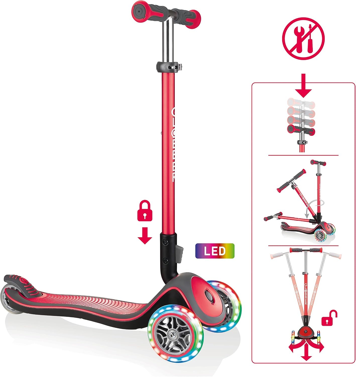 3-Rad Kinderroller mit LED-Rollen - höhenverstellbar - Rot - bis zu 34% sparen