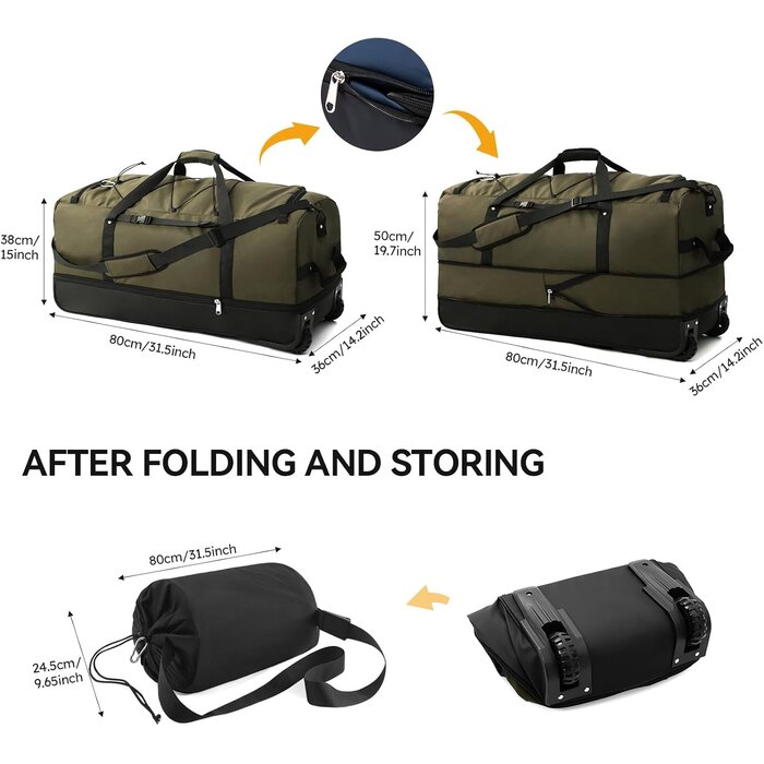 Faltbare XXL Reisetasche mit Rollen, 110-140L, Armeegrün - bis zu 28,7% Rabatt