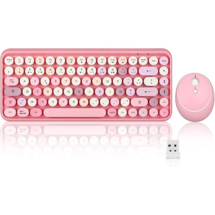 Kabelloses Retro-Tastatur-Maus-Set AZERTY - Pastellrosa, bis zu 65% Rabatt