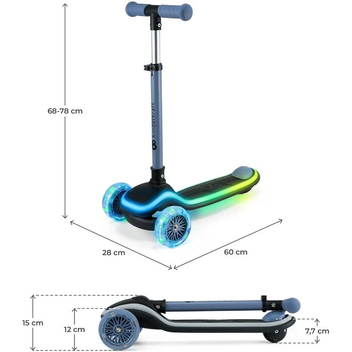 Kinderroller mit LED, klappbar & 3 Rädern - Blau - bis zu 45% günstiger