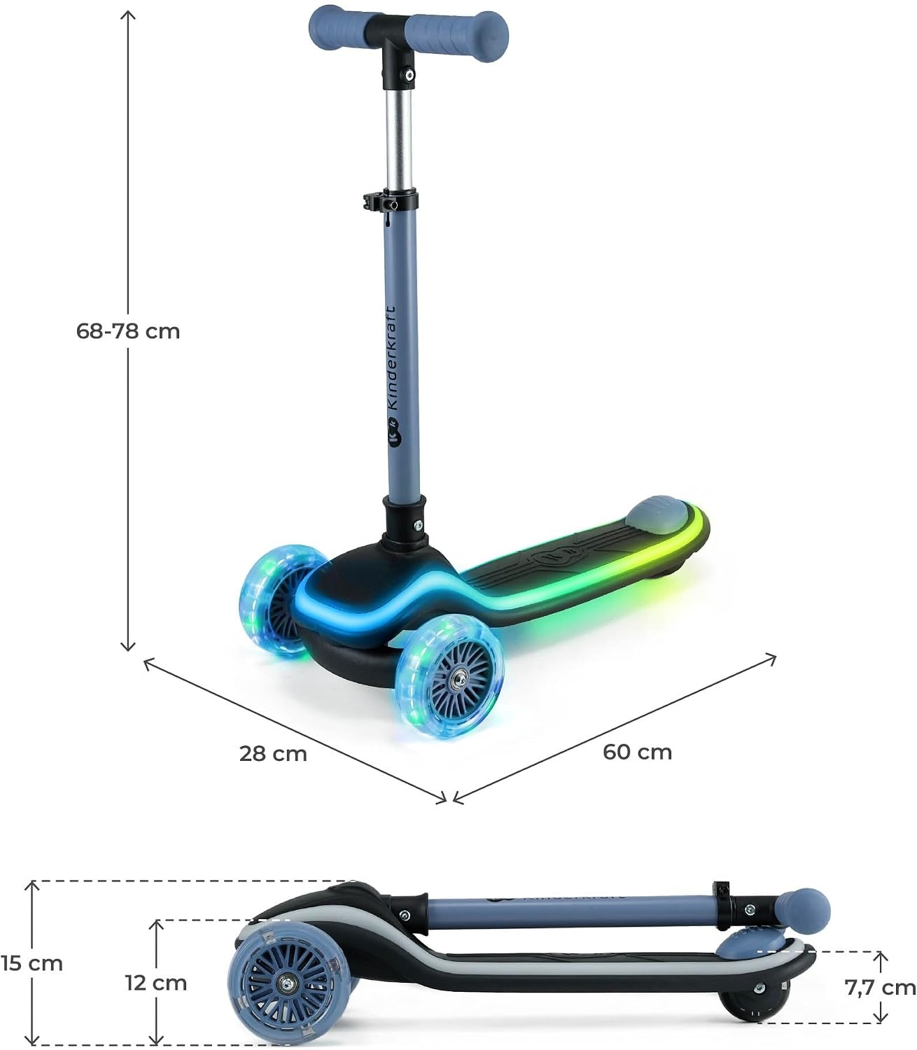 Kinderroller mit LED, klappbar & 3 Rädern - Blau - bis zu 45% günstiger