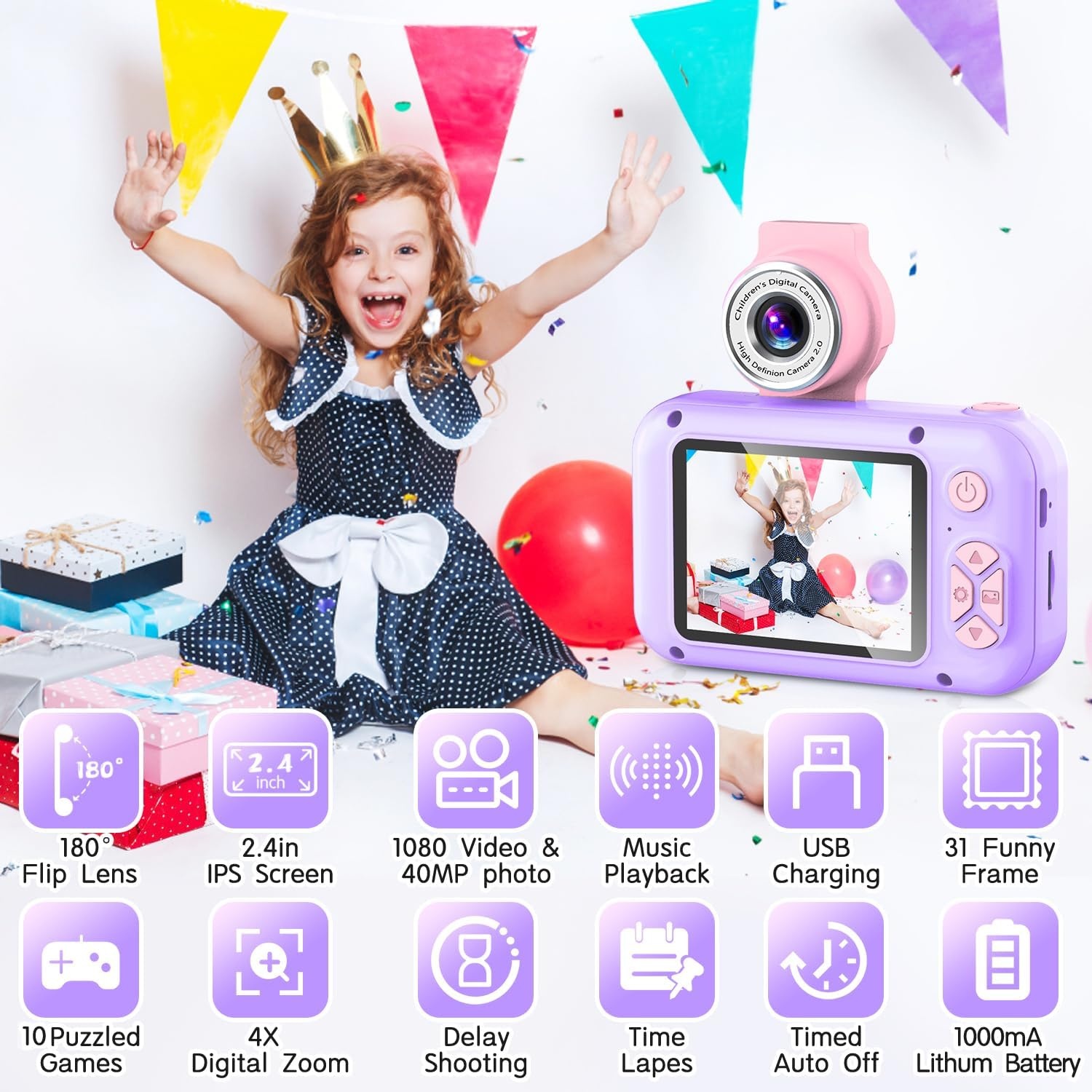 Digitale Kinderkamera mit 180° Linse - Violett - bis zu 33% günstiger