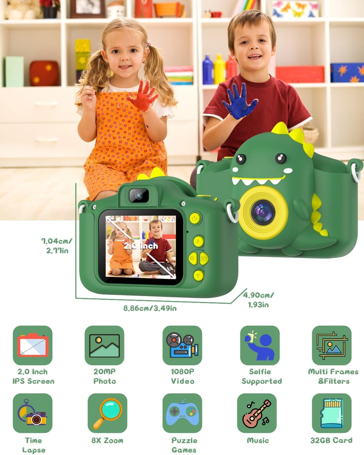 Kinder-Digitalkamera Dino-Grün 20MP bis zu 38% sparen