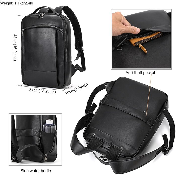 Eleganter Lederrucksack für Laptop - Schwarz - bis zu 42% Rabatt