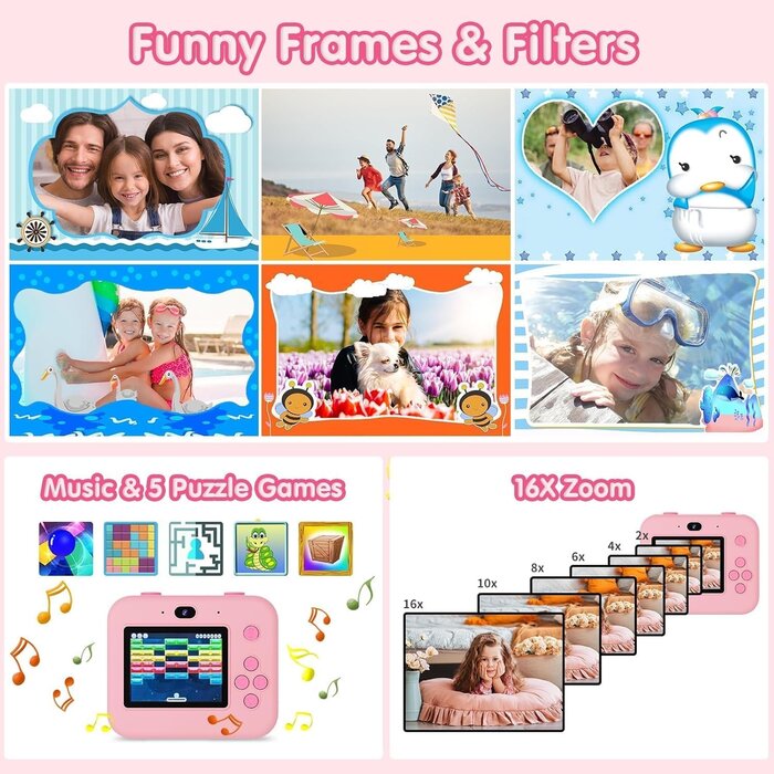 Digitale Kinder-Sofortbildkamera - Pink, 1080p, 32GB - bis zu 39% Rabatt
