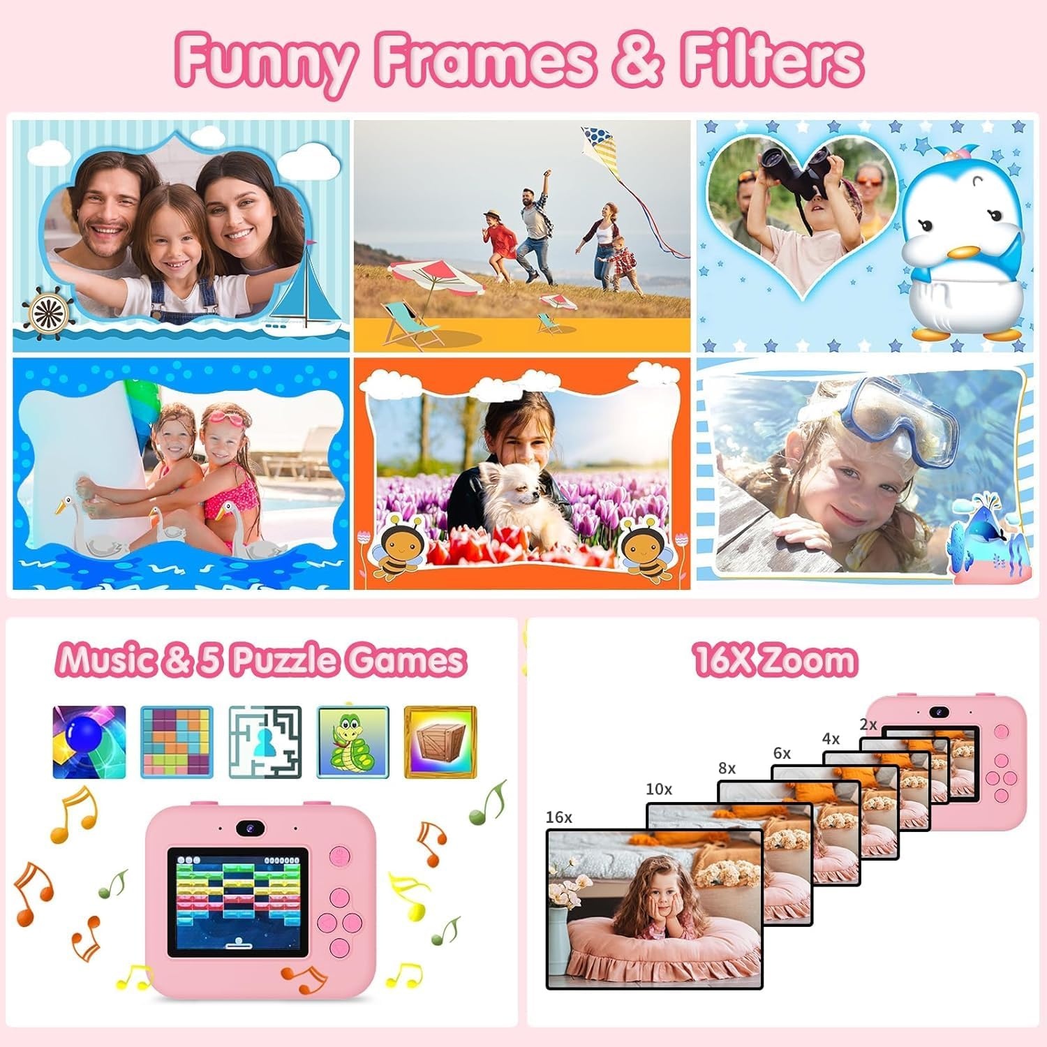 Digitale Kinder-Sofortbildkamera - Pink, 1080p, 32GB - bis zu 39% Rabatt