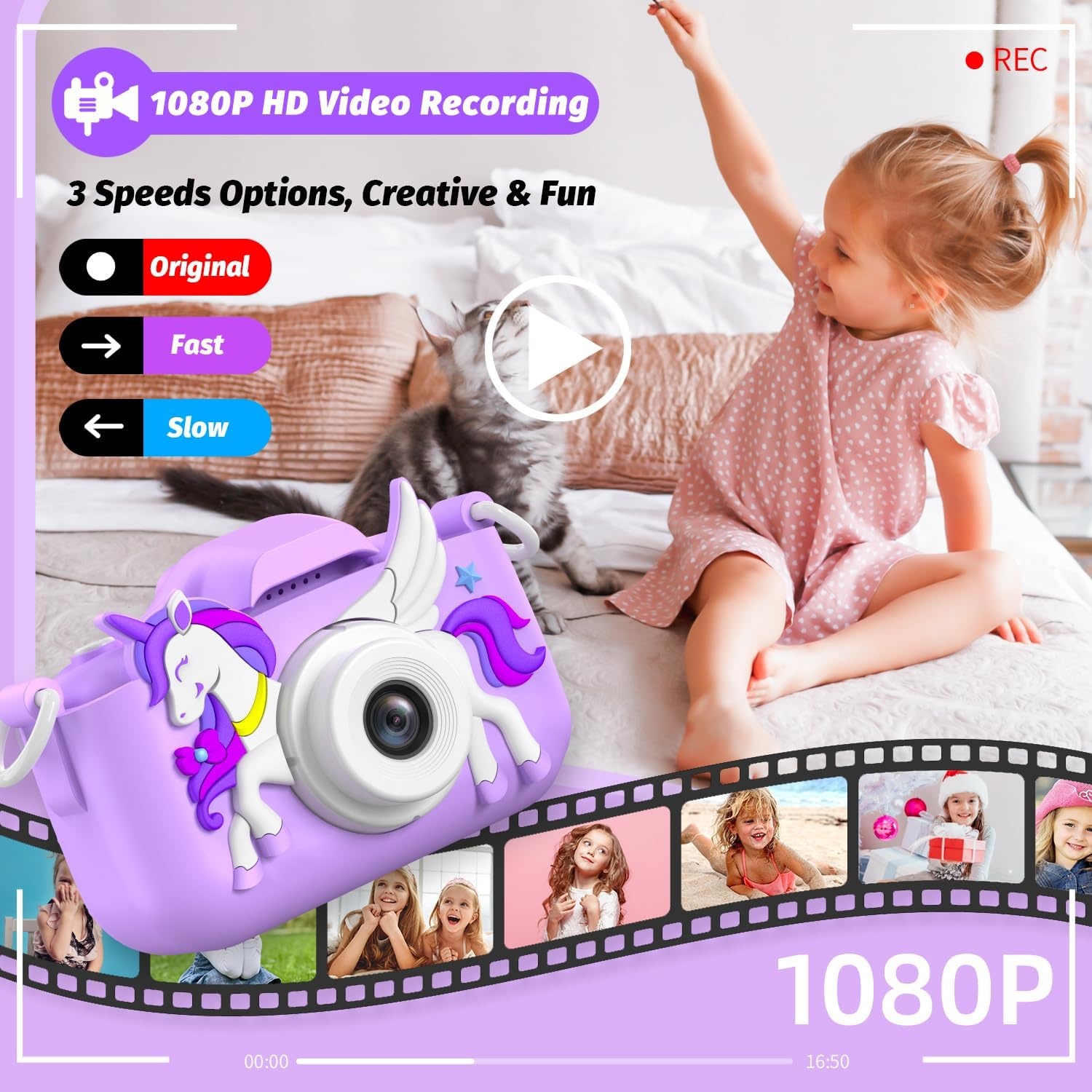 Digitale Kinderkamera Einhorn-Design - 1080P - Lila - bis zu 37% Rabatt
