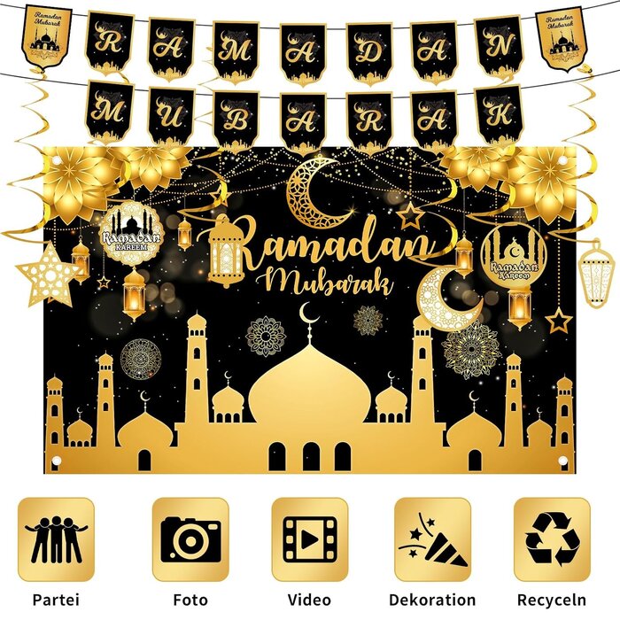 Ramadan Mubarak Deko-Set - XL Banner, Wimpelkette & mehr - bis zu 27% sparen