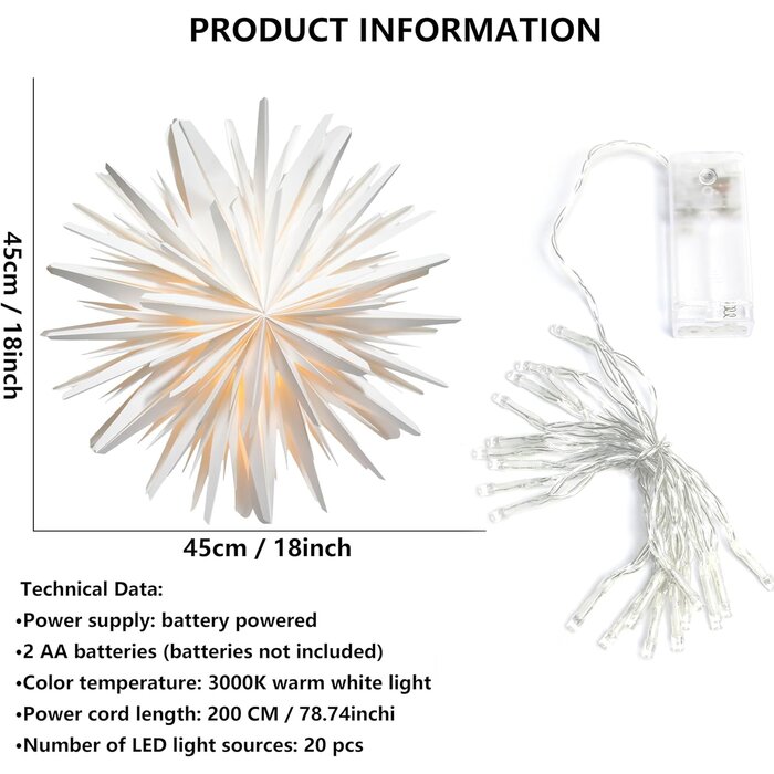 Eanloly Weihnachtsstern LED 45 cm Weiß - 3D-Design - Outlet bis zu 27% reduziert