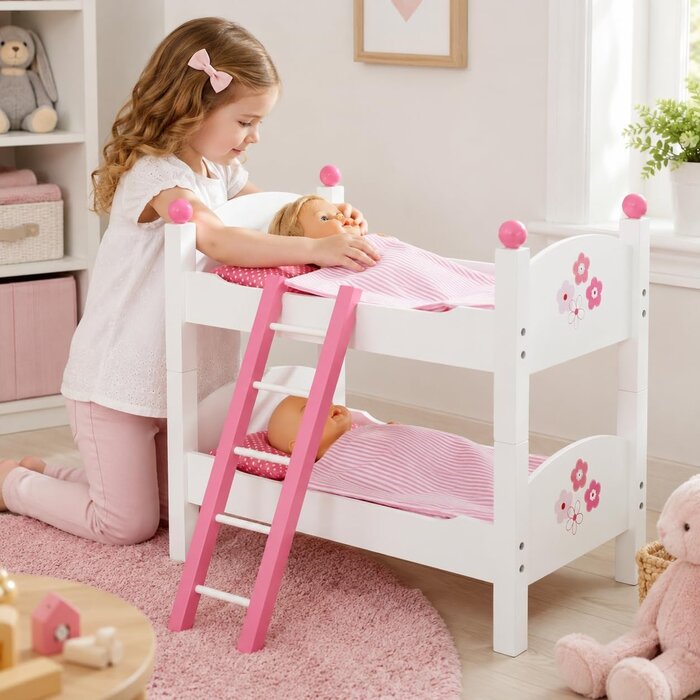 Puppen-Etagenbett für Puppen bis 48 cm, Holz, weiß-rosa - bis zu 39% Rabatt
