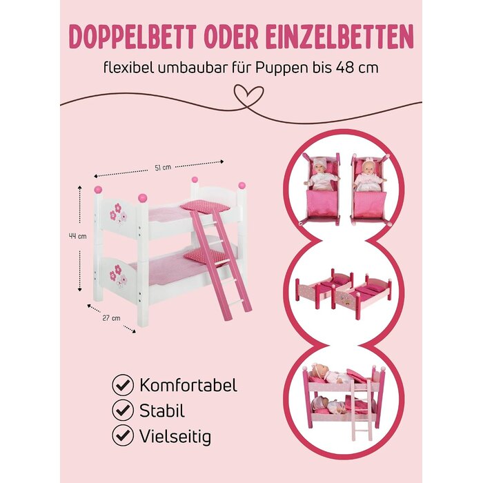 Puppen-Etagenbett für Puppen bis 48 cm, Holz, weiß-rosa - bis zu 39% Rabatt