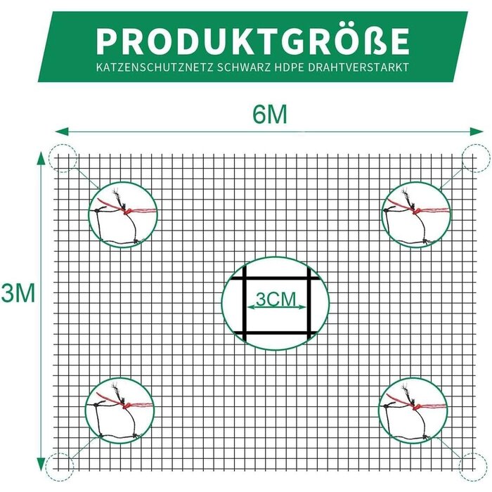 Drahtverstärktes Katzennetz 6x3m - Wetterfest - Jetzt bis zu 40% Rabatt