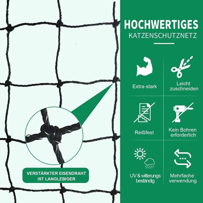 Drahtverstärktes Katzennetz 6x3m - Wetterfest - Jetzt bis zu 40% Rabatt