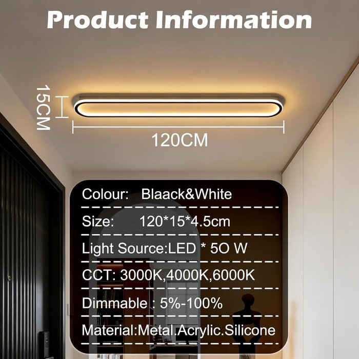 Moderne 120cm LED-Deckenleuchte dimmbar, schwarz - bis zu 29% Rabatt