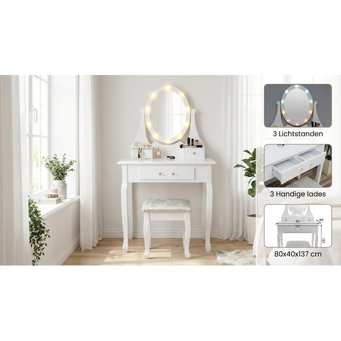 Viking Choice Eleganter Schminktisch mit LED-Spiegel & Hocker - Weiß - bis zu 34% sparen