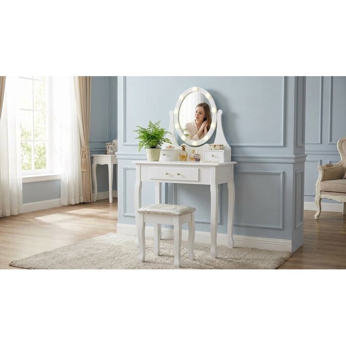 Viking Choice Eleganter Schminktisch mit LED-Spiegel & Hocker - Weiß - bis zu 34% sparen
