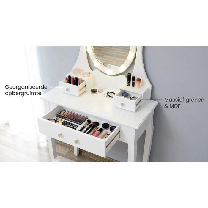 Viking Choice Eleganter Schminktisch mit LED-Spiegel & Hocker - Weiß - bis zu 34% sparen