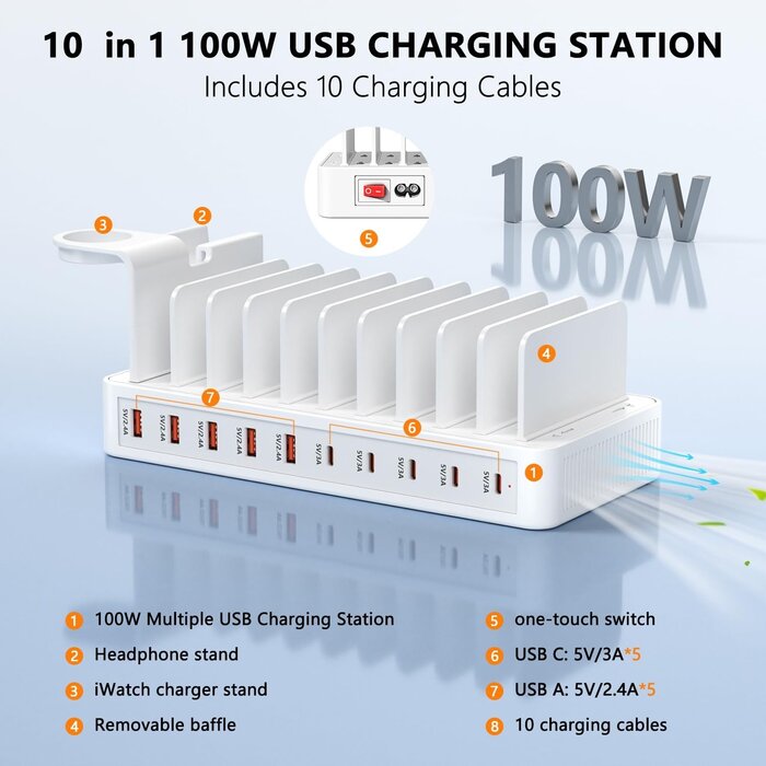 100W Ladestation mit 10 Ports & Kabeln - Weiß - Jetzt bis zu 33% sparen