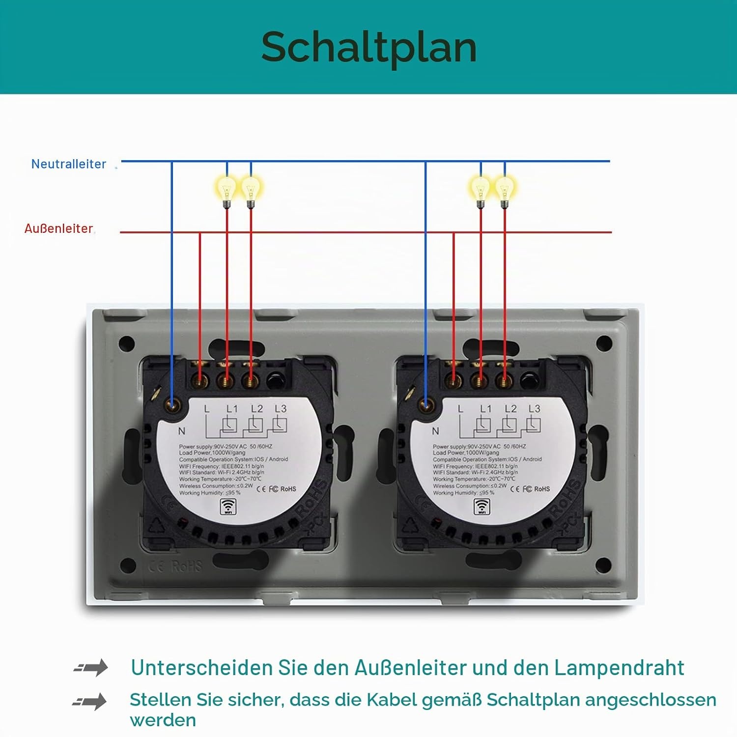 Smarter WLAN Doppel-Lichtschalter, Glas-Panel, Weiß - 57% Rabatt