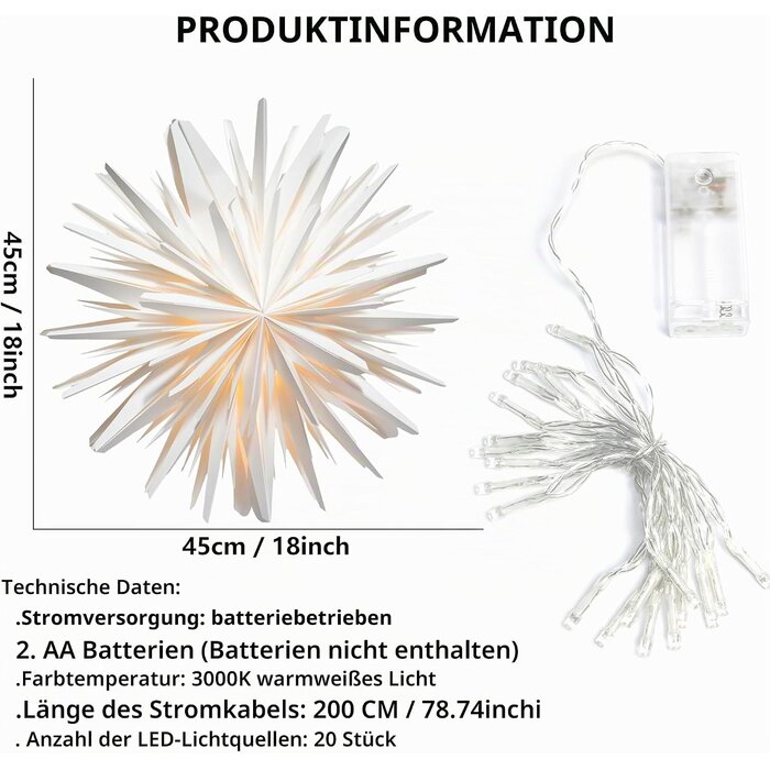 Eanloly LED-Weihnachtsstern aus Papier 45 cm, Weiß - bis zu 53% reduziert