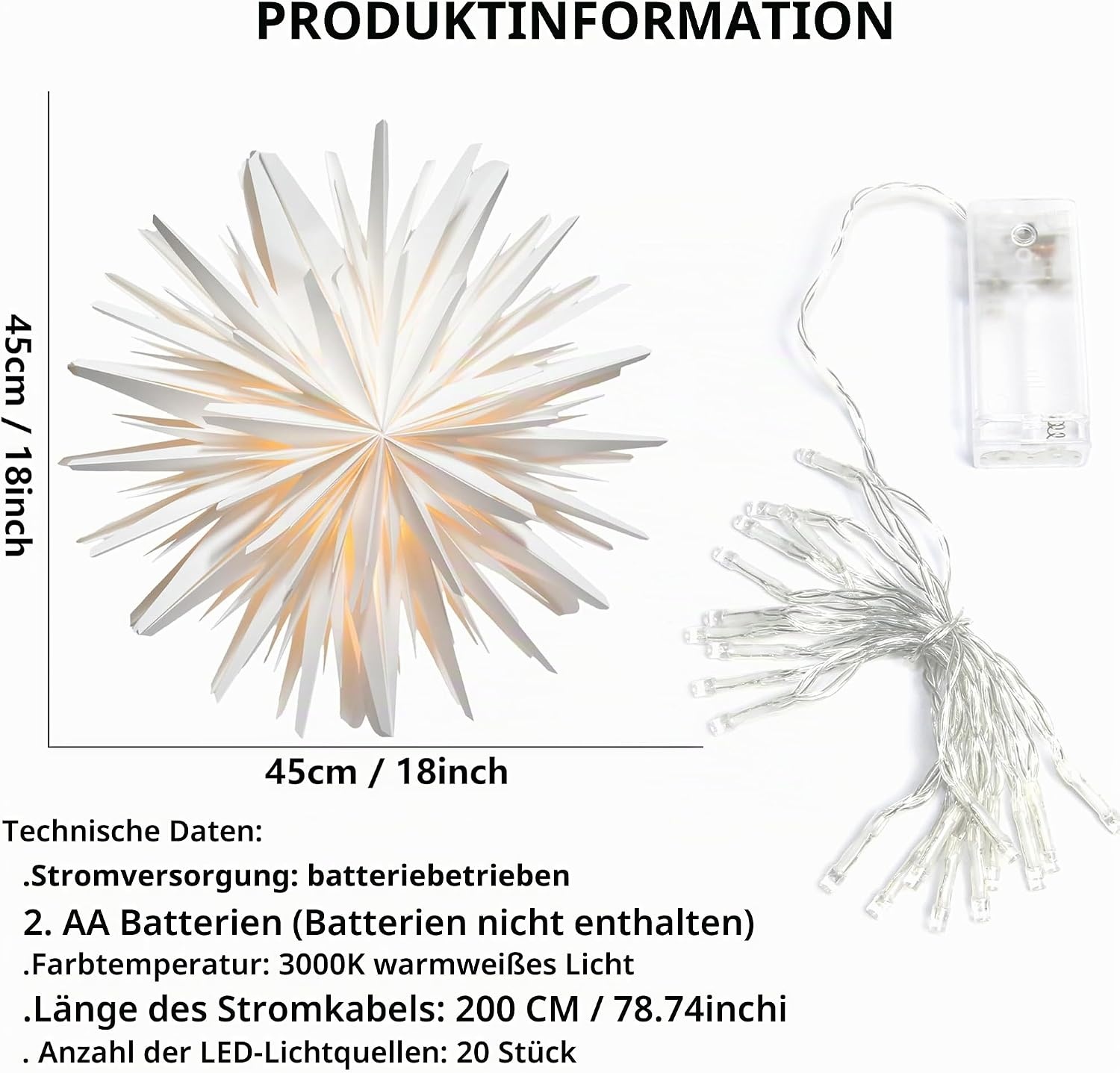 Eanloly LED-Weihnachtsstern aus Papier 45 cm, Weiß - bis zu 53% reduziert