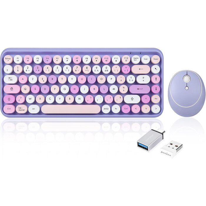 Kabelloses Retro-Tastatur- & Maus-Set, AZERTY, Pastellrosa - 55% Rabatt