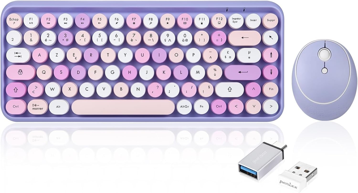 Kabelloses Retro-Tastatur- & Maus-Set, AZERTY, Pastellrosa - 55% Rabatt