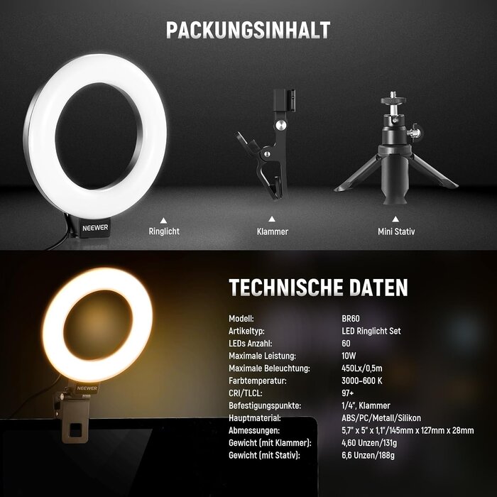 5 Zoll LED-Ringlicht für Videokonferenzen - Jetzt bis zu 55 % reduziert