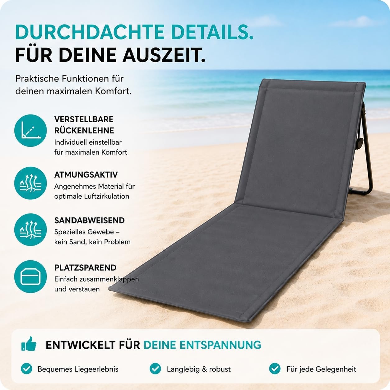 2er Set klappbare Strandmatten mit Rückenlehne, Grau - 64% Rabatt