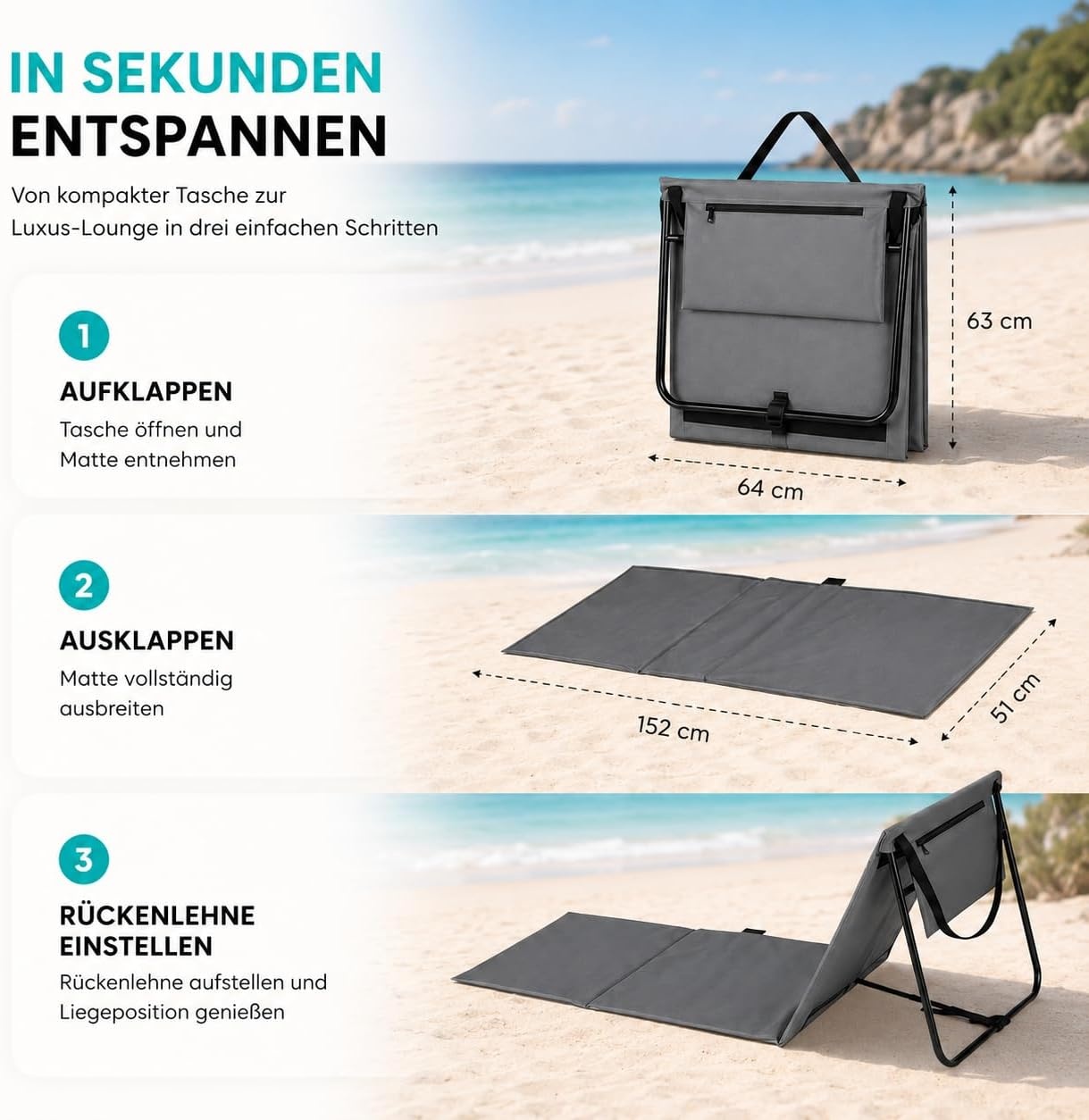 2er Set klappbare Strandmatten mit Rückenlehne, Grau - 64% Rabatt