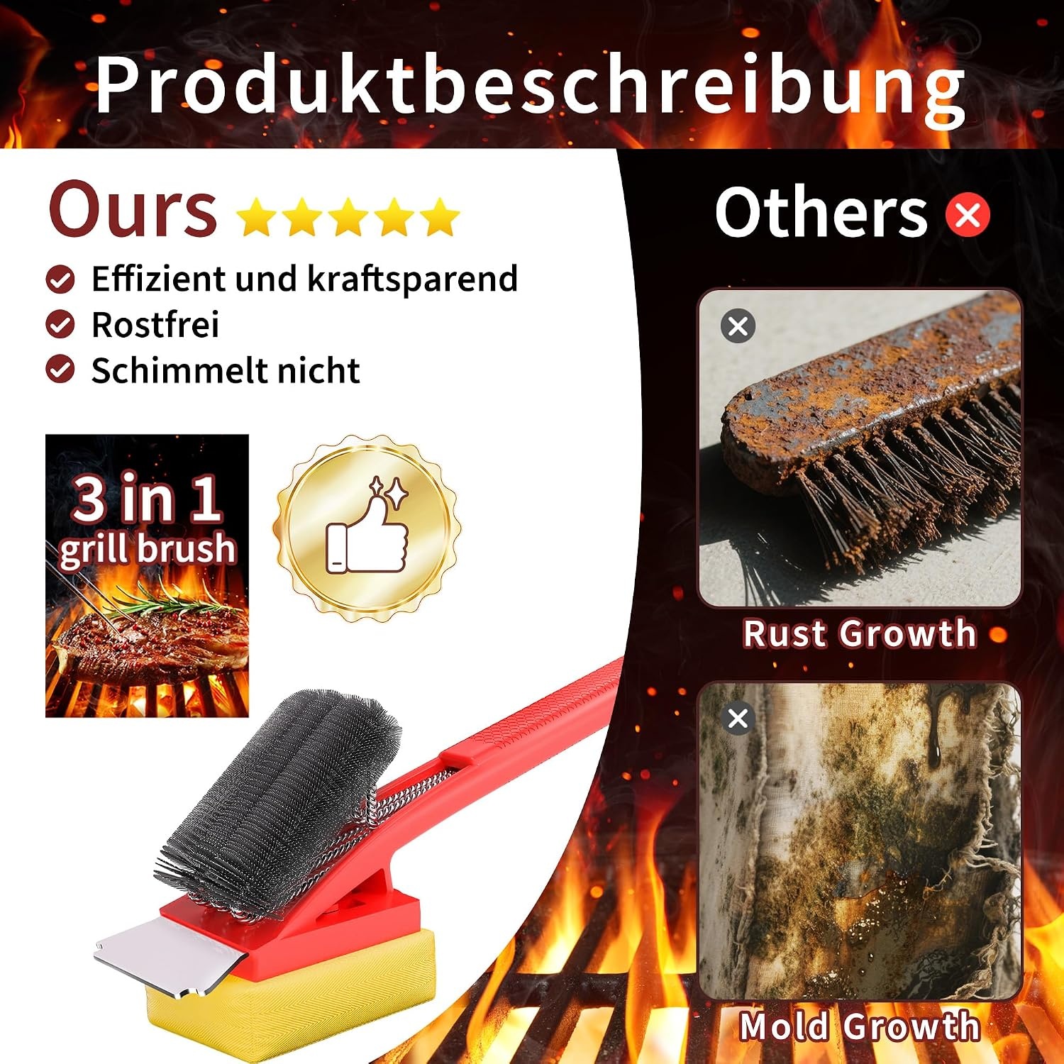 Profi-Grillbürste 45 cm mit Schaber - Rot - 54% Rabatt - Unbenutzt