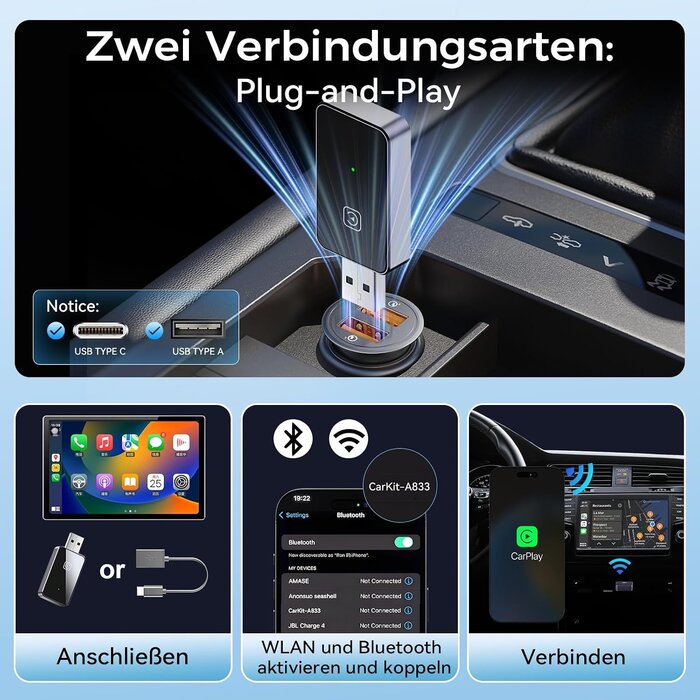 Kabelloser CarPlay-Adapter für iPhone & Android - bis zu 58% Rabatt