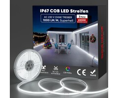 COB LED-Streifen 3m, 230V, 6500K, IP67 wasserdicht - bis zu 55% Rabatt