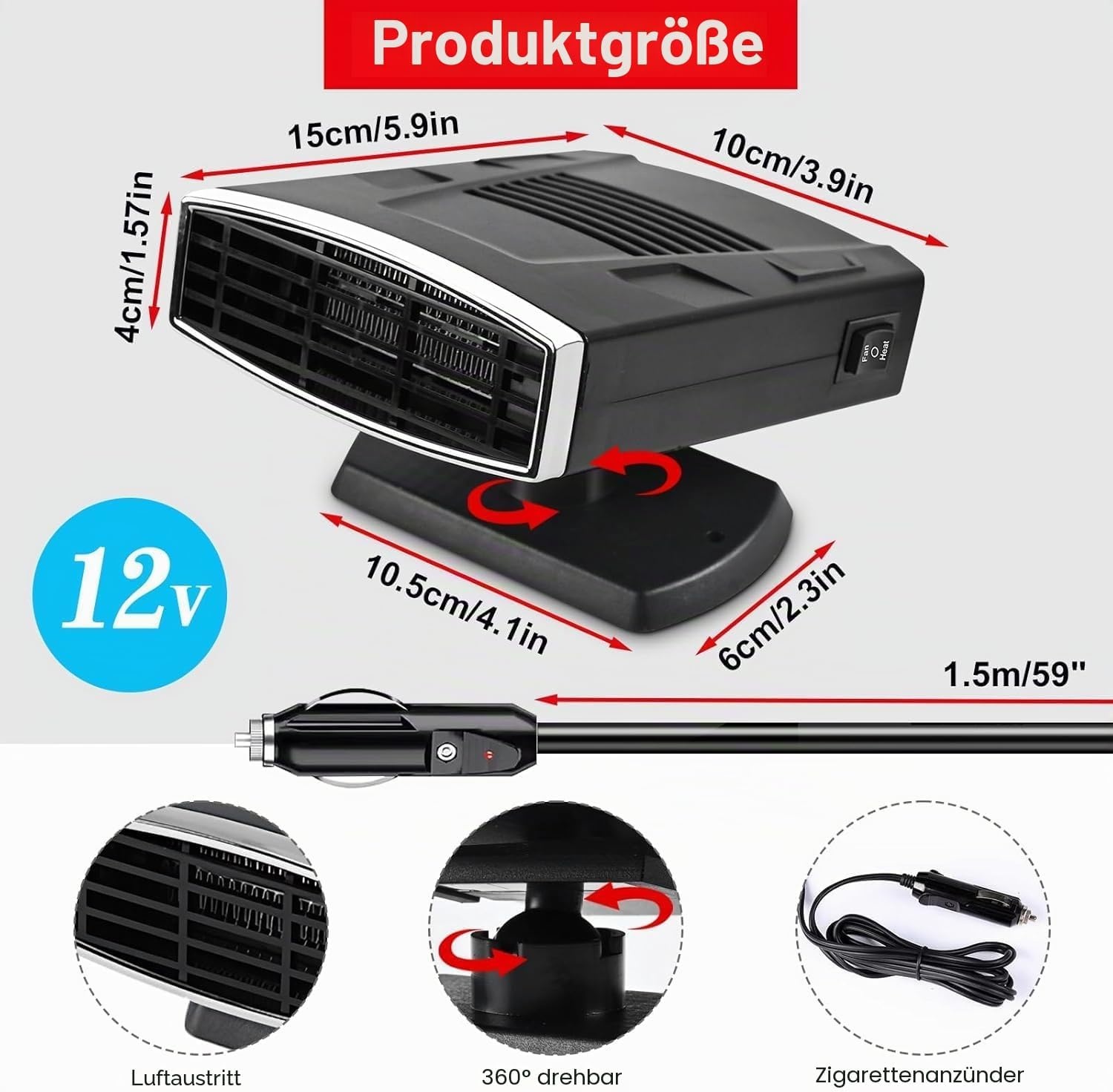 Tragbare Autoheizung 12V 200W mit 360°-Gelenk - bis zu 30% Rabatt