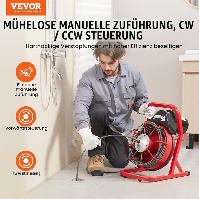 Vevor Elektrische Rohrreinigungsmaschine 250W mit 15m Spirale - bis zu 37% Rabatt