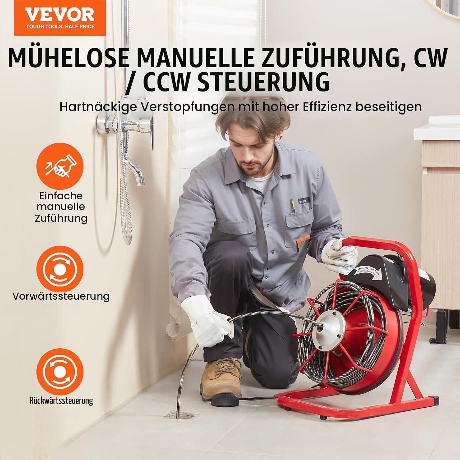 Vevor Elektrische Rohrreinigungsmaschine 250W mit 15m Spirale - bis zu 37% Rabatt
