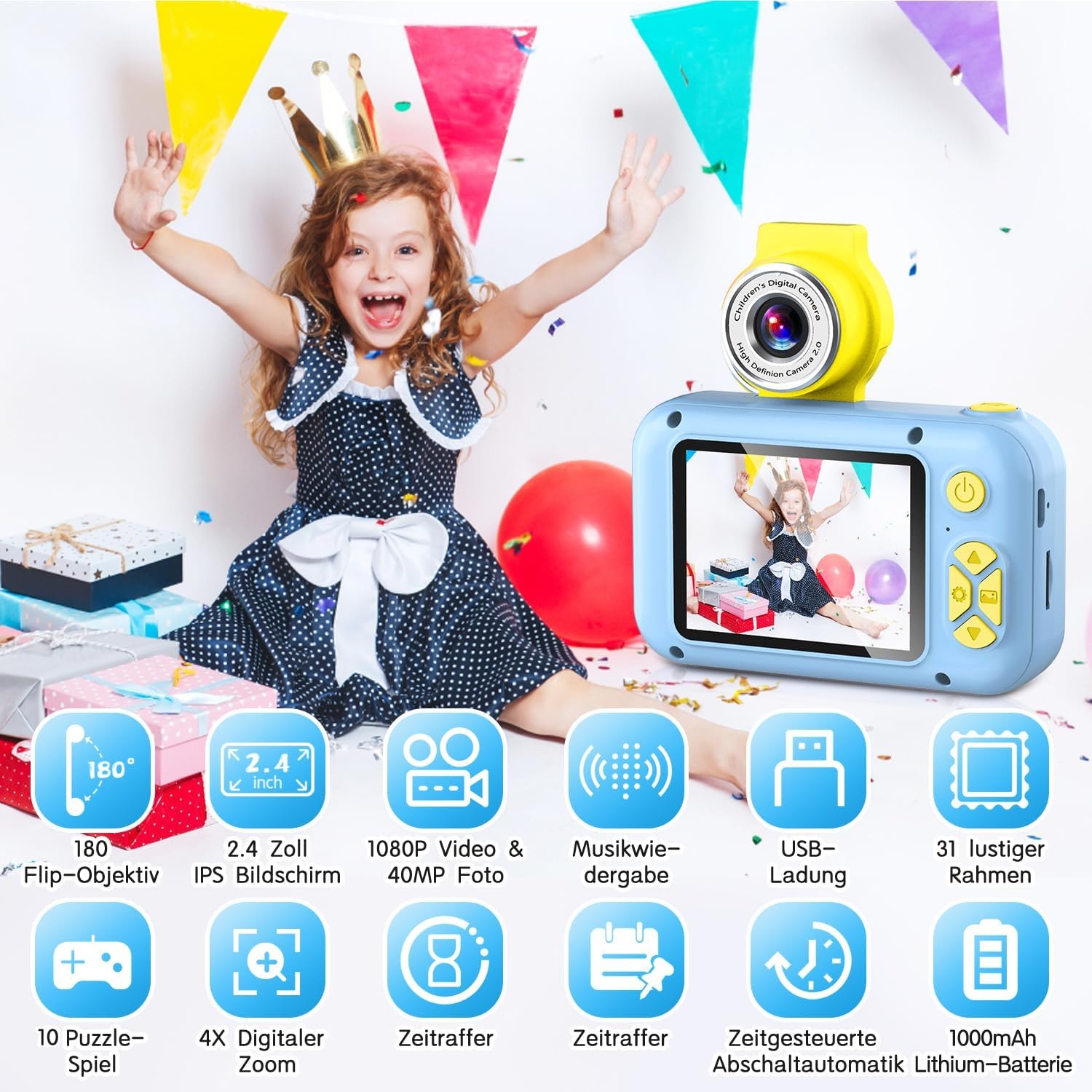Digitalkamera für Kinder mit 180° Linse - Blau - jetzt bis zu 27% sparen