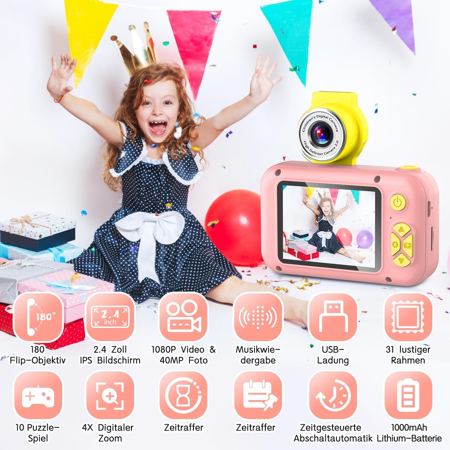 Kinder-Digitalkamera Rosa, 180° drehbar, 1080P - Jetzt bis zu 31% sparen