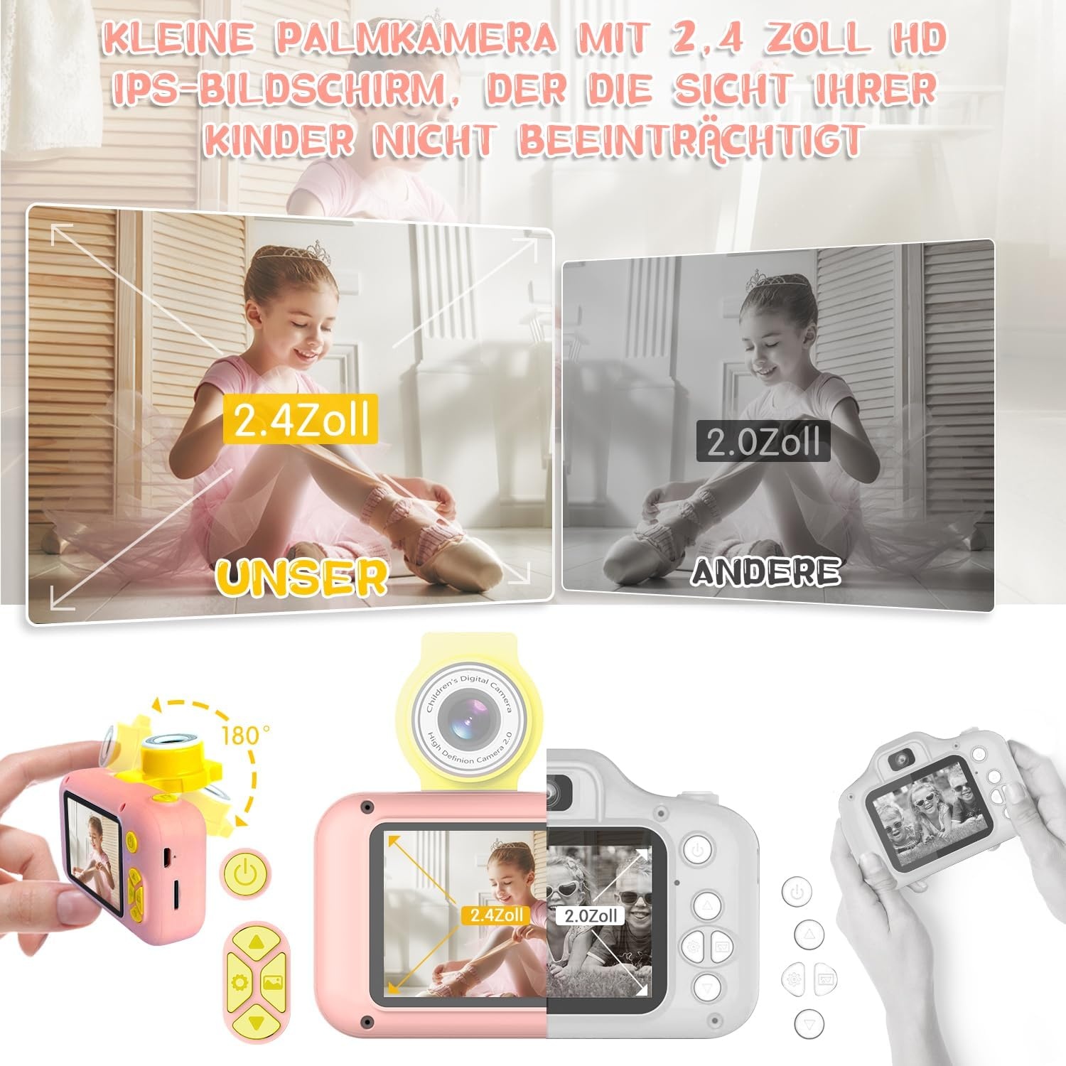 Kinder-Digitalkamera Rosa, 180° drehbar, 1080P - Jetzt bis zu 31% sparen