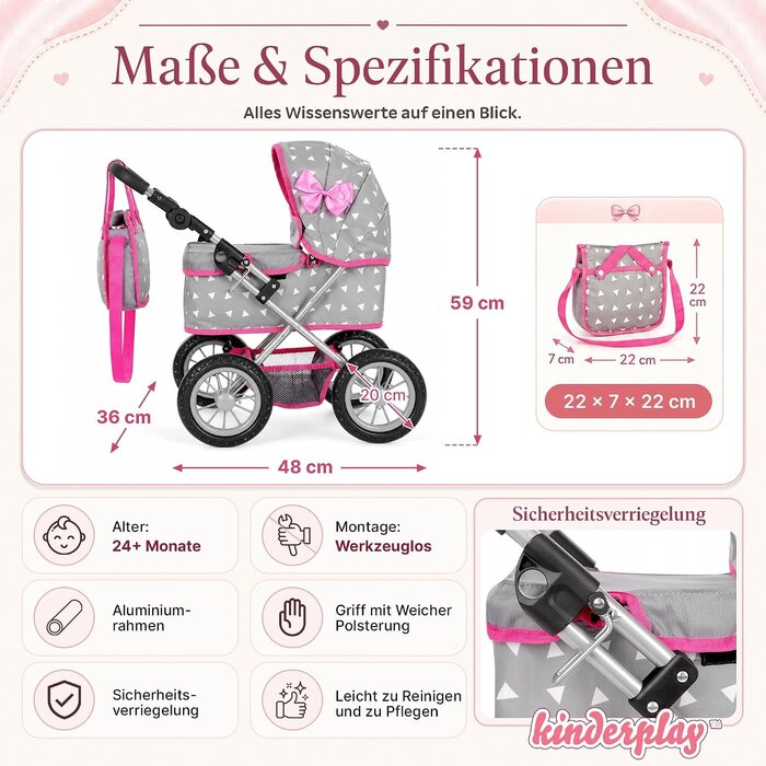 Höhenverstellbarer Puppenwagen in Grau - bis zu 33 % Rabatt