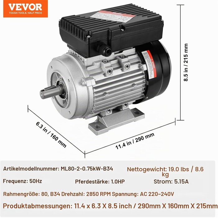 Vevor Elektromotor 2,2 kW 2800 U/min 24mm Welle B3 - jetzt bis zu 35% sparen!