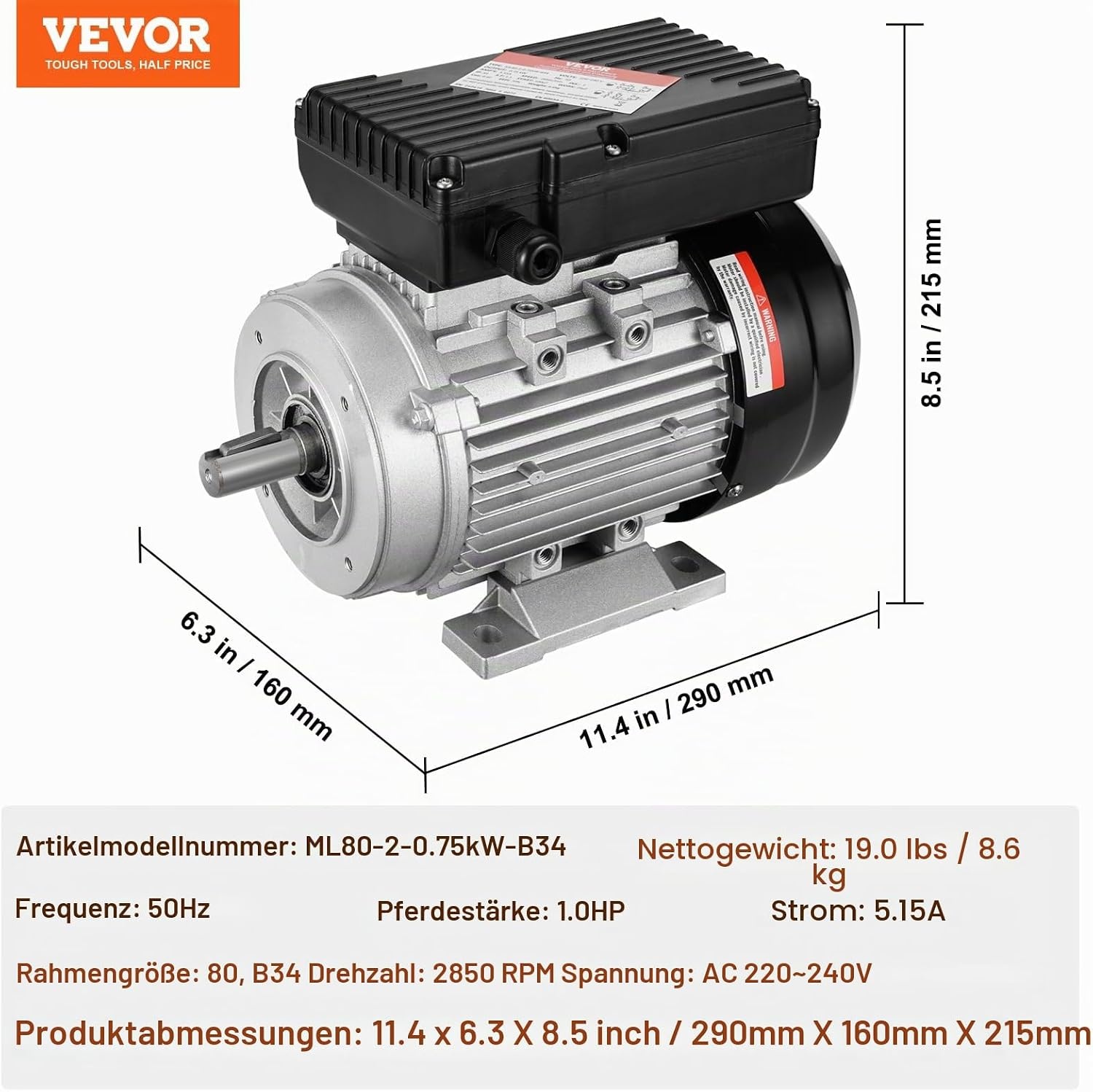 Vevor Elektromotor 2,2 kW 2800 U/min 24mm Welle B3 - jetzt bis zu 35% sparen!