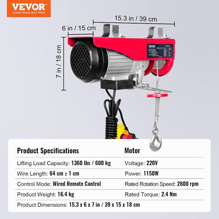 Vevor Elektrische Seilwinde 600 kg - 1150 W - Outlet bis zu 35% reduziert