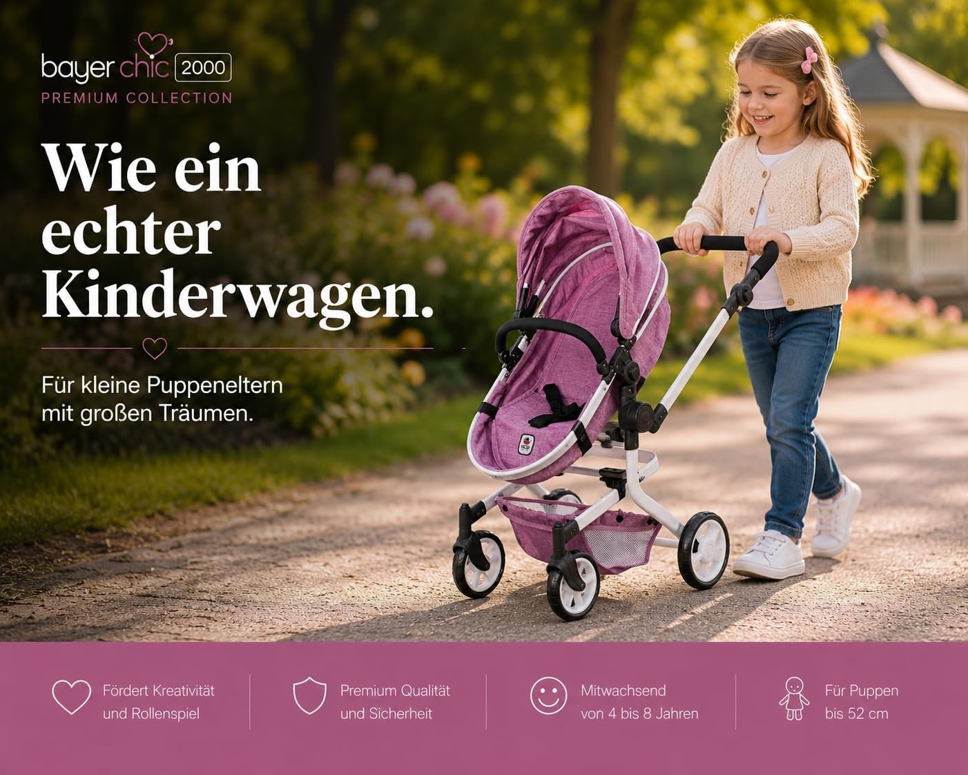 2-in-1 Kombi-Puppenwagen in Jeans Pink - höhenverstellbar - bis zu 34% Rabatt