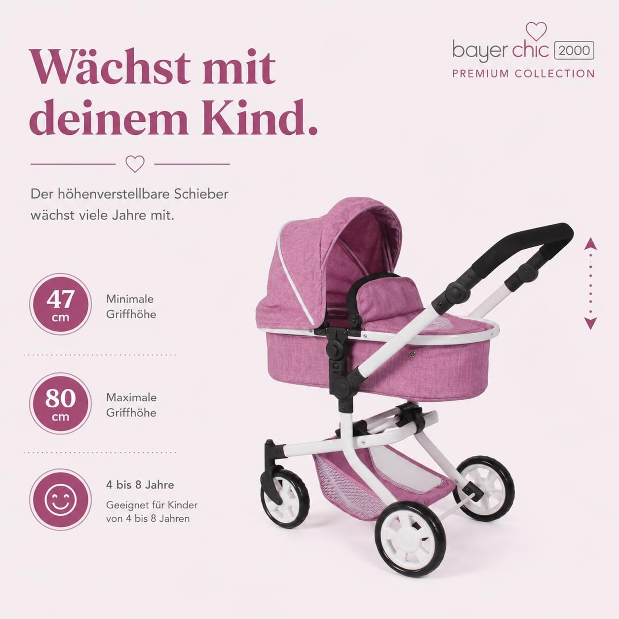 2-in-1 Kombi-Puppenwagen in Jeans Pink - höhenverstellbar - bis zu 34% Rabatt