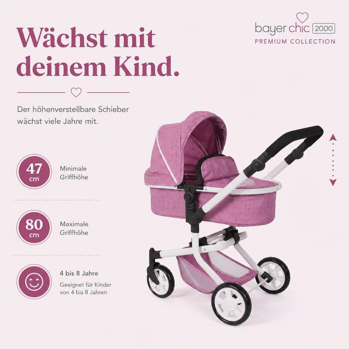 2-in-1 Kombi-Puppenwagen in Jeans Pink - höhenverstellbar - bis zu 34% Rabatt